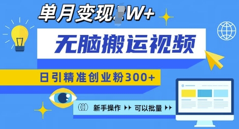 无脑搬运视频号可批量复制，新手即可操作，日引精准创业粉300+，月变现过W 【揭秘】-爱找项目网