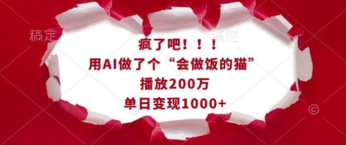 疯了吧！用AI做了个“会做饭的猫”，播放200万，单日变现1k-爱找项目网
