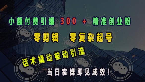 小额付费引爆 300 + 精准创业粉，零剪辑、零复杂起号，话术撬动被动引流，当日实操即见成效-爱找项目网