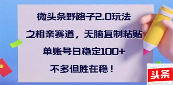 微头条野路子2.0玩法之相亲赛道，无脑搬砖复制粘贴，单账号日稳定300+…-爱找项目网