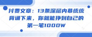 付费文章：13条深层内幕统统背诵下来，你就能挣到自己的第一笔1000W-爱找项目网