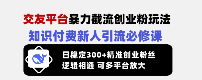 交友平台暴力截流创业粉玩法，知识付费新人引流必修课，日稳定300+精准创业粉丝，逻辑相通可多平台放大-爱找项目网