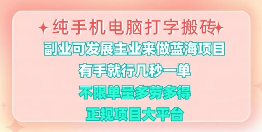 纯手机电脑打字搬砖，有手就行，几秒一单，多劳多得，正规项目大平台【揭秘】-爱找项目网