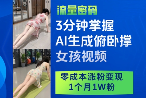 3分钟掌握AI生成俯卧撑女孩视频，零成本涨粉变现，1个月1W粉-爱找项目网