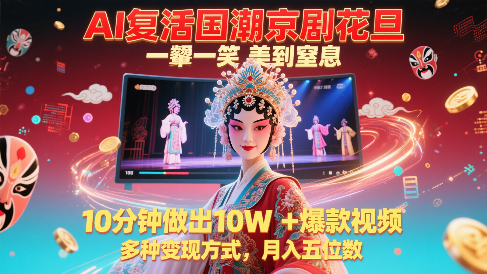 AI复活国潮京剧花旦，一颦一笑美到窒息，10分钟做出10W+爆款视频，多种变现方式-爱找项目网