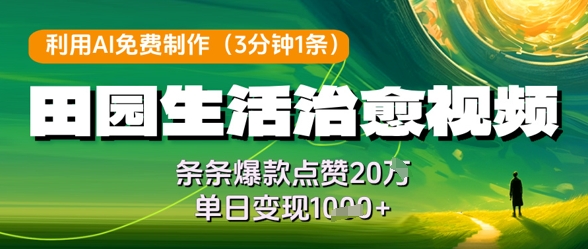 利用AI免费制作田园生活治愈视频，条条爆款点赞20W，单日变现几张-爱找项目网