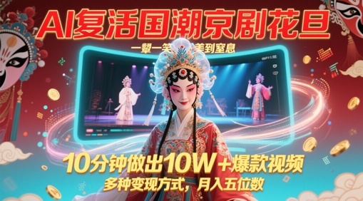 AI复活国潮京剧花旦，一颦一笑美到窒息，10分钟做出10W+爆款视频，多种变现方式，月入五位数-爱找项目网