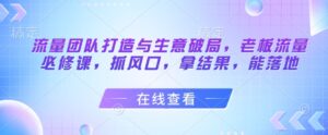 流量团队打造与生意破局，老板流量必修课，抓风口，拿结果，能落地-爱找项目网