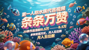 第一人称水族代言视频，条条万赞，20条作品涨粉8.5万，多种变现方式月，入五位数-爱找项目网