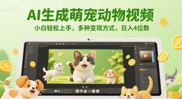 AI生成萌宠动物视频，小白轻松上手，多种变现方式，日入4位数-爱找项目网