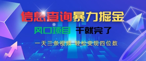 信息查询暴力掘金，一天三条视频，轻松变现四位数，风口项目干就完了【揭秘】-爱找项目网