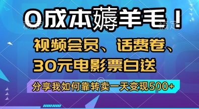 0成本薅羊毛!视频会员、话费卷、30元电影票白送，分享我如何靠转卖一天变现5张+【揭秘】-爱找项目网