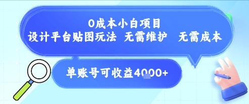 0成本小白项目，设计平台贴图玩法，无需维护，无需成本，单账号单月可产生收益4k+-爱找项目网