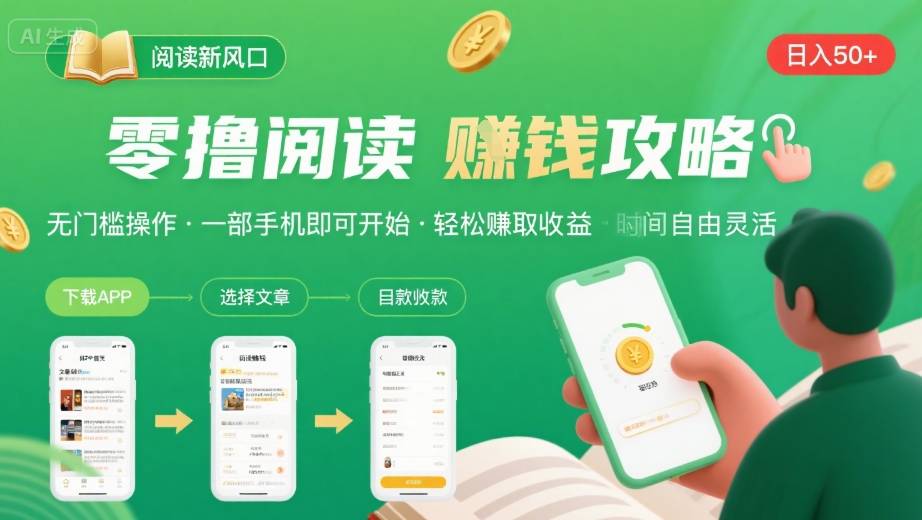 零撸阅读新风口，无门槛轻松挣，一部手机，日入 50-3张【揭秘】-爱找项目网