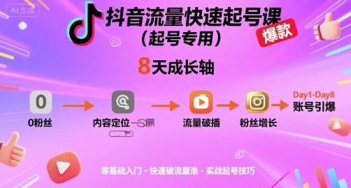 抖音流量快速起号课(起号专用)，8天带你做爆自己的账号-爱找项目网