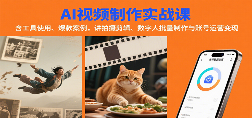 AI视频制作实战：含工具使用、爆款案例，讲拍摄剪辑、数字人批量制作与账号运营变现-爱找项目网
