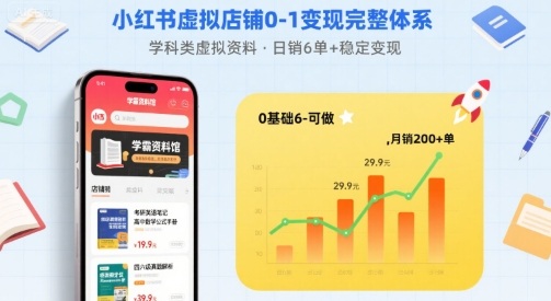 小红书虚拟店铺0-1变现完整体系：卖学科类虚拟资料，一天6张+，很稳定【已完结】-爱找项目网