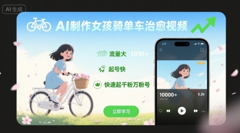 AI制作女孩骑单车治愈视频，流量大，起号快，快速起千粉万粉号-爱找项目网