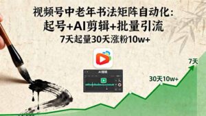 视频号中老年书法矩阵自动化：起号+AI剪辑+批量引流 7天起量30天涨粉10w+-爱找项目网