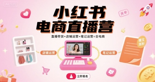 小红书电商直播营，直播带货+店铺运营+笔记运营=全电商-爱找项目网