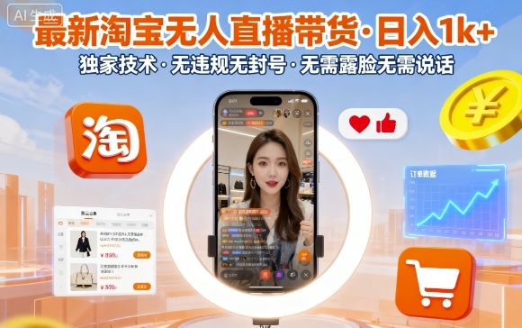 最新淘宝无人直播带货,日入1k+,独家技术,无违规无封号,无需露脸无需说话【揭秘】-爱找项目网