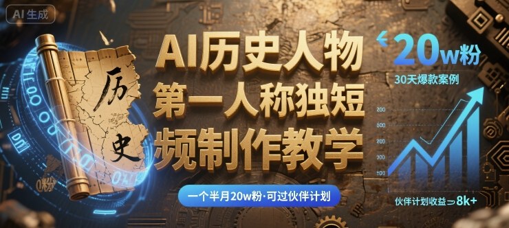 最新AI历史人物第一人称独白短视频制作教学，一个半月20w粉，可过伙伴计划-爱找项目网