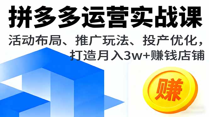拼多多运营实战课,活动布局、推广玩法、投产优化,打造月入3w+赚钱店铺-爱找项目网