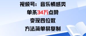 视频号分成计划新玩法：音乐情感类单条34W点赞，变现四位数，方法简单易复制-爱找项目网
