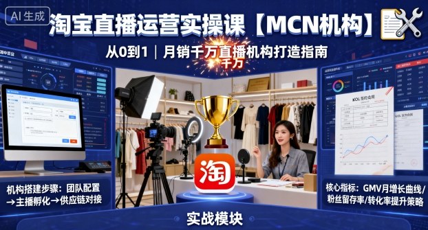 淘宝直播运营实操课【MCN机构】,从0到1做一家月销千W的直播机构-爱找项目网