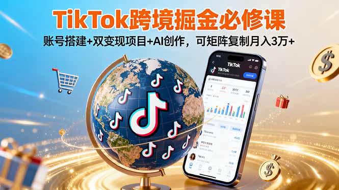 TikTo跨境掘金必修课，账号搭建+双变现项目+AI创作，可矩阵复制月入3万+-爱找项目网