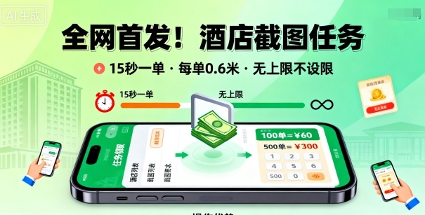 全网首发!酒店截图任务,15秒一单,每单0.6米,任务无上限不设限,矩阵操作单日3张到手【揭秘】-爱找项目网