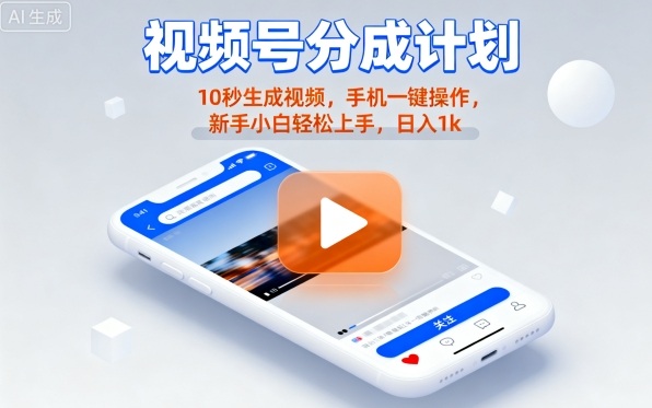 视频号分成计划懒人玩法，10秒生成视频，手机一键操作，新手小白轻松上手，日入1K【揭秘】-爱找项目网