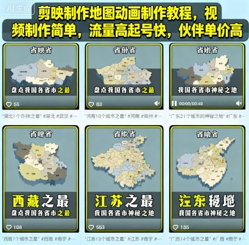 剪映制作地图动画制作教程，视频制作简单，流量高起号快，伙伴单价高-爱找项目网