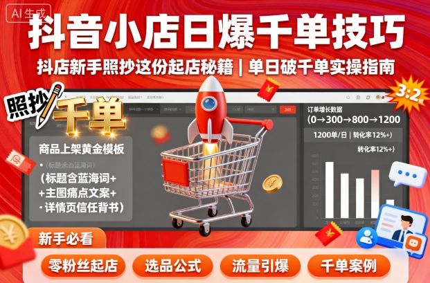 抖音小店日爆千单技巧，抖店新手照抄这份起店秘籍，单日破千单-爱找项目网