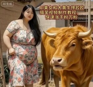 AI美女和大黄牛摔跤搞笑荒诞视频制作教程，快速涨千粉万粉-爱找项目网