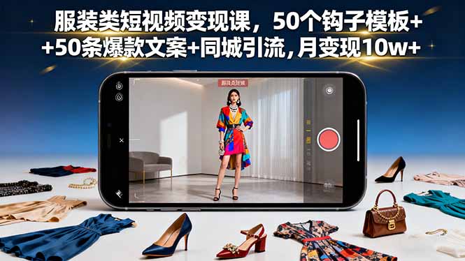 服装类短视频变现课,50个钩子模板+50条爆款文案+同城引流,月变现10w+-爱找项目网