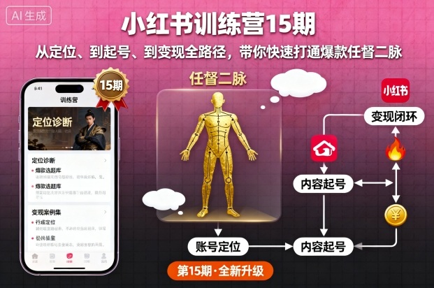 小红书训练营15期，从定位、到起号、到变现全路径，带你快速打通爆款任督二脉-爱找项目网