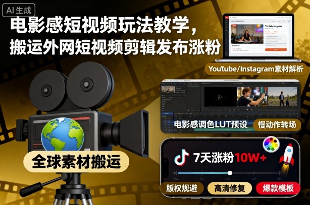 电影感短视频玩法教学，搬运外网短视频剪辑发布涨粉-爱找项目网