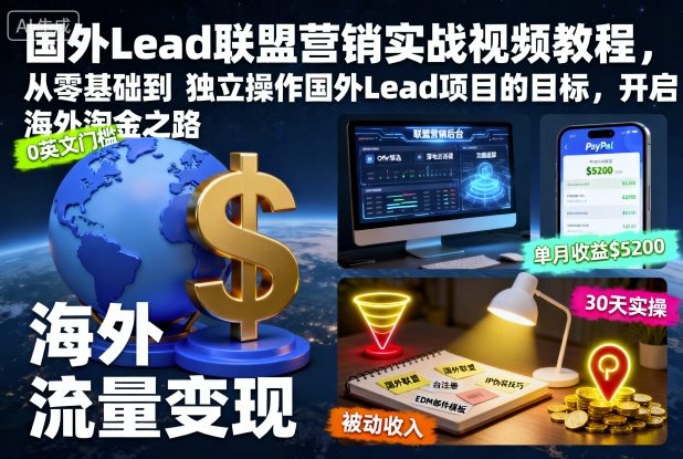 国外Lead联盟营销实战视频教程，从零基础到独立操作国外Lead项目的目标，开启海外淘金之路-爱找项目网