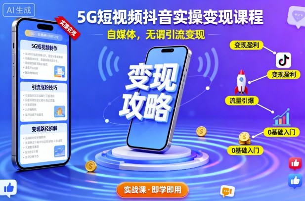 5G短视频抖音实操变现课程,自媒体,无谓引流变现-爱找项目网