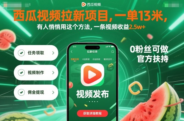 西瓜视频拉新项目，一单13米，有人悄悄用这个方法，一条视频收益2.5w+(附详细教程)-爱找项目网