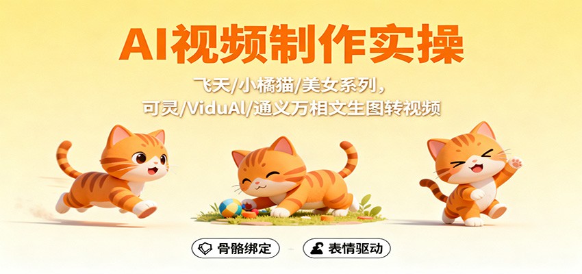 AI视频制作实操，飞天/小橘猫/美女系列，可灵/ViduAl/通义万相文生图转视频-爱找项目网