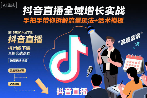 抖音直播全域增长实战第155期杭州线下课，手把手带你拆解流量玩法+话术模板-爱找项目网