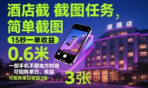酒店截图任务，简单截图，15秒一单收益0.6米，一部手机不限地方时间，可矩阵单日收益3张【揭秘】-爱找项目网