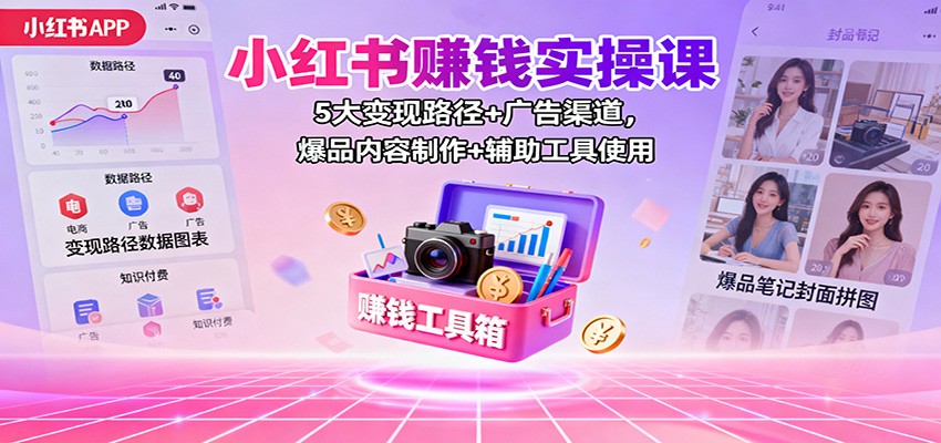 小红书赚钱实操课：5大变现路径+广告渠道，爆品内容制作+辅助工具使用-爱找项目网