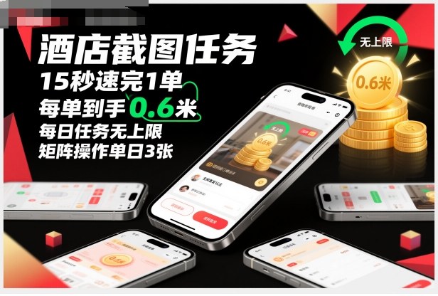 酒店截图任务,15秒速完1单,每单到手0.6米,每日任务无上限,全网首发玩法,矩阵操作单日3张【揭秘】-爱找项目网