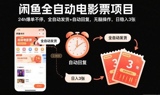 闲鱼全自动电影票项目，24h爆单不停，全自动发货+自动回复，无脑操作，日稳入3张【揭秘】-爱找项目网