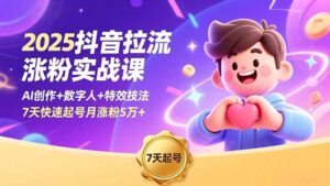 2025抖音拉流涨粉实战课，AI创作+数字人+特效技法，7天快速起号月涨粉5万+-爱找项目网