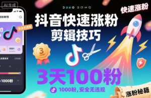 抖音快速涨粉剪辑技巧，3天1000粉，安全无违规-爱找项目网