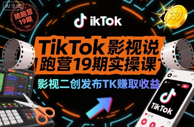 TikTok影视解说陪跑营19期实操课,影视二创发布TK賺取收益,万播收益50美金-爱找项目网